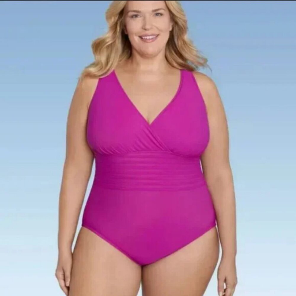 Women's UPF 50‎ Waist Detail Over the Shoulder One Piece Swimsuit Pink 18